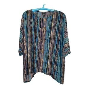 CLara Sun Woo Knit Tunic Top Teal Brown Dolman Sleeve‎  Boho Asymmetric Hem 1X